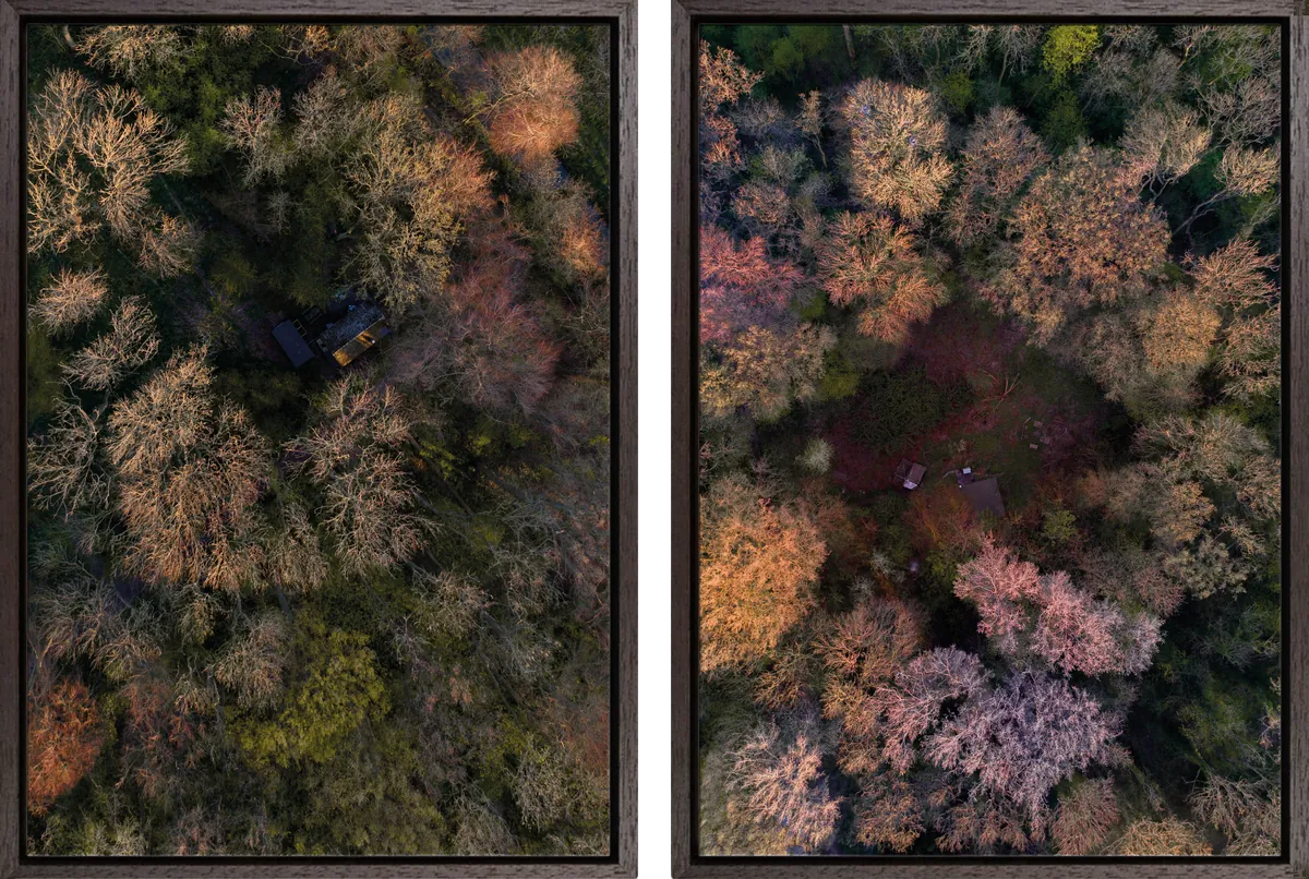 Combinatie Barn in the woods & Cabin in the woods – combinatie van dronefoto’s in houten baklijst