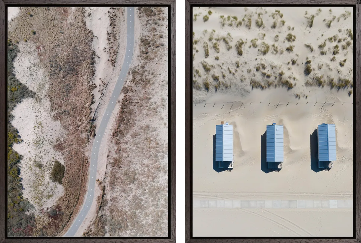 Combinatie Bike the dunes & Cabin on the beach – combinatie van dronefoto’s in houten baklijst