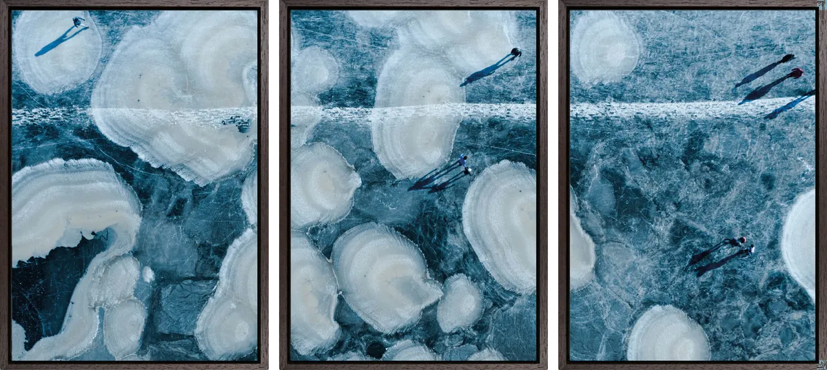 Drieluik Frozen lake Waterland – combinatie van dronefoto’s in houten baklijst