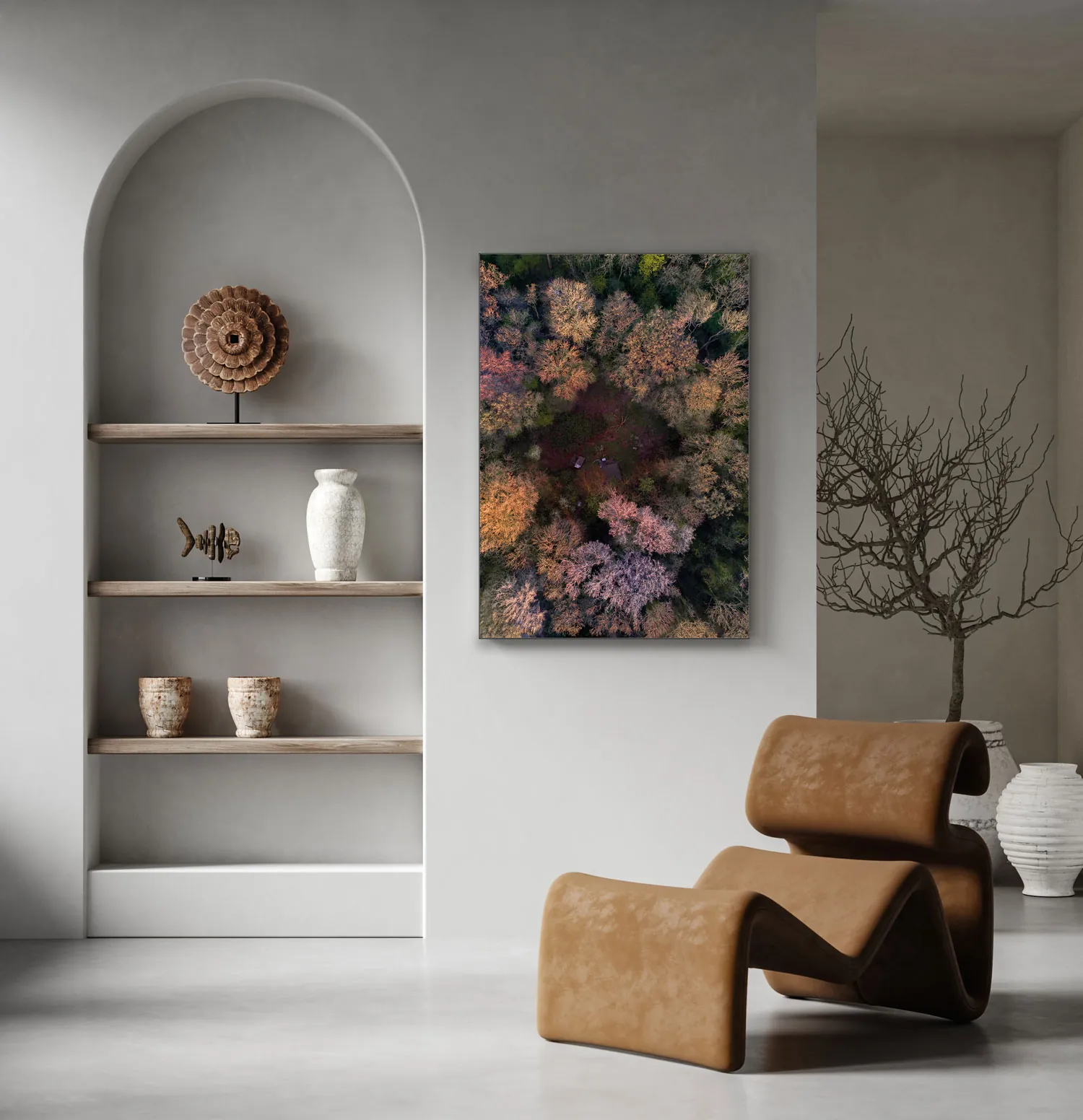 Drone print in a light alcove with a design chair