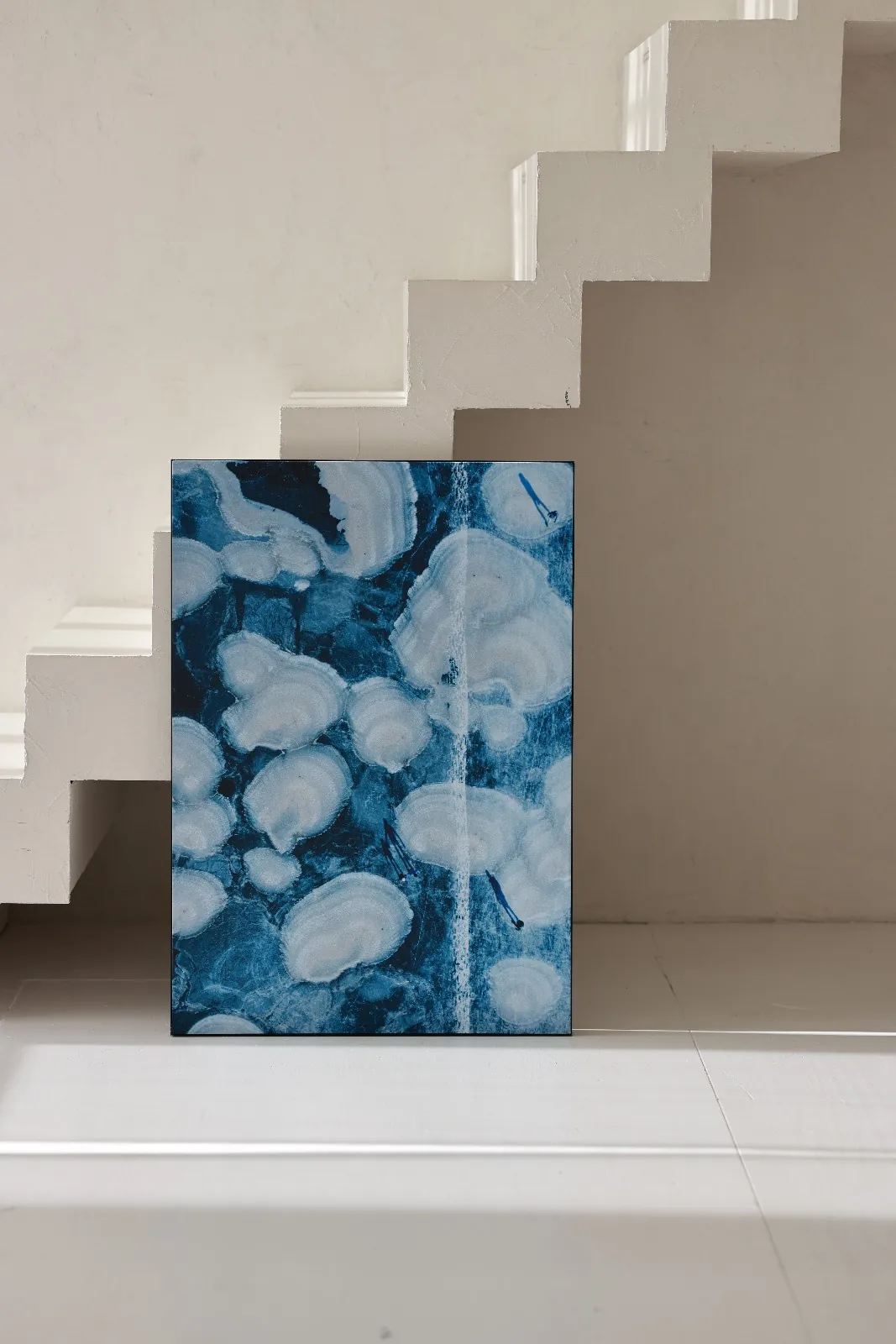 Frozen lake Waterland against a white staircase